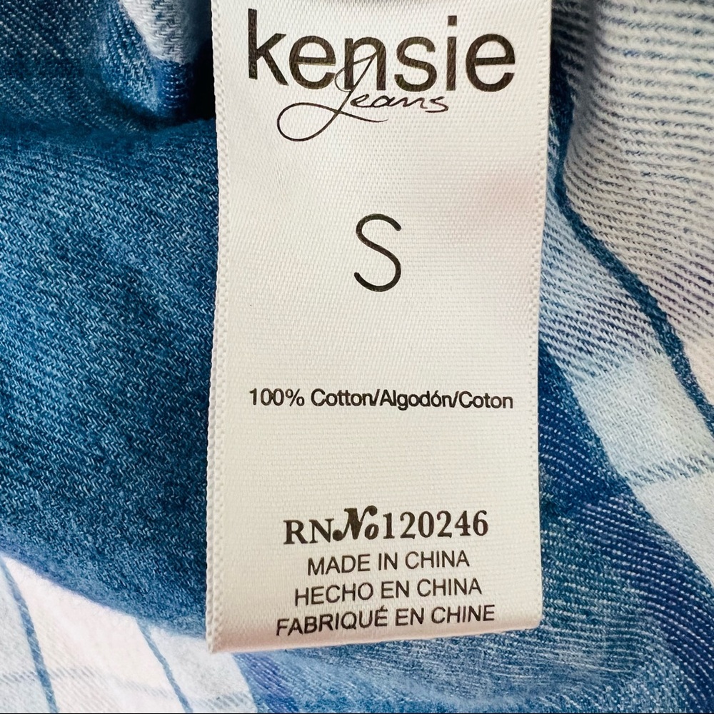 Kensie Jeans Button down Shirt Collared Long Sleeve Blue Plaid raw hem plaid - Picture 7 of 7